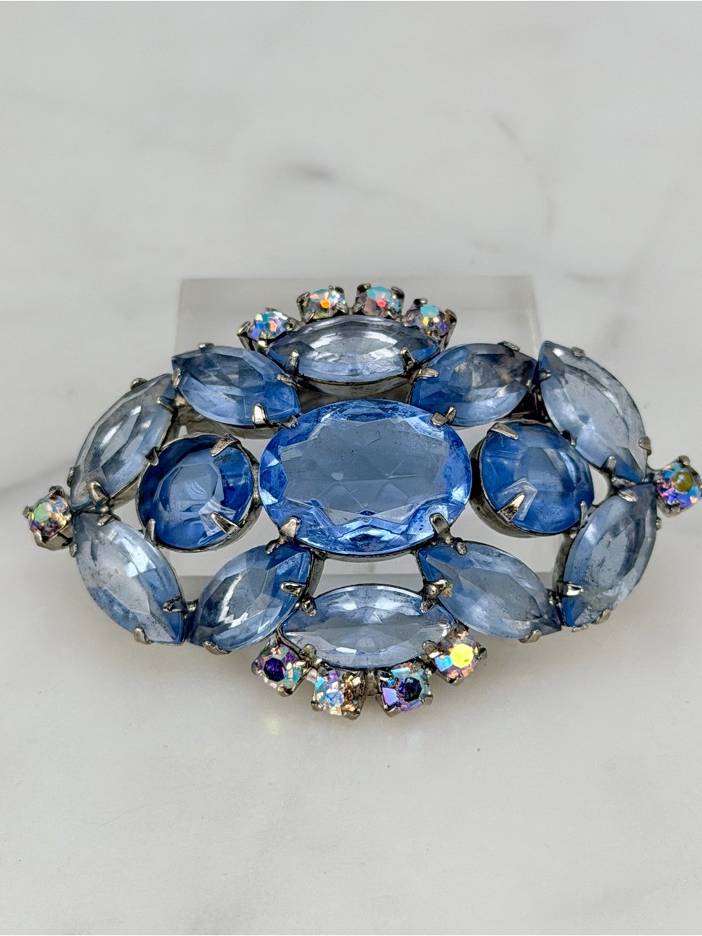 Vintage Blue Rhinestone Marquise Oval  Brooch Pin Open Back  Prong Set AB Aurora